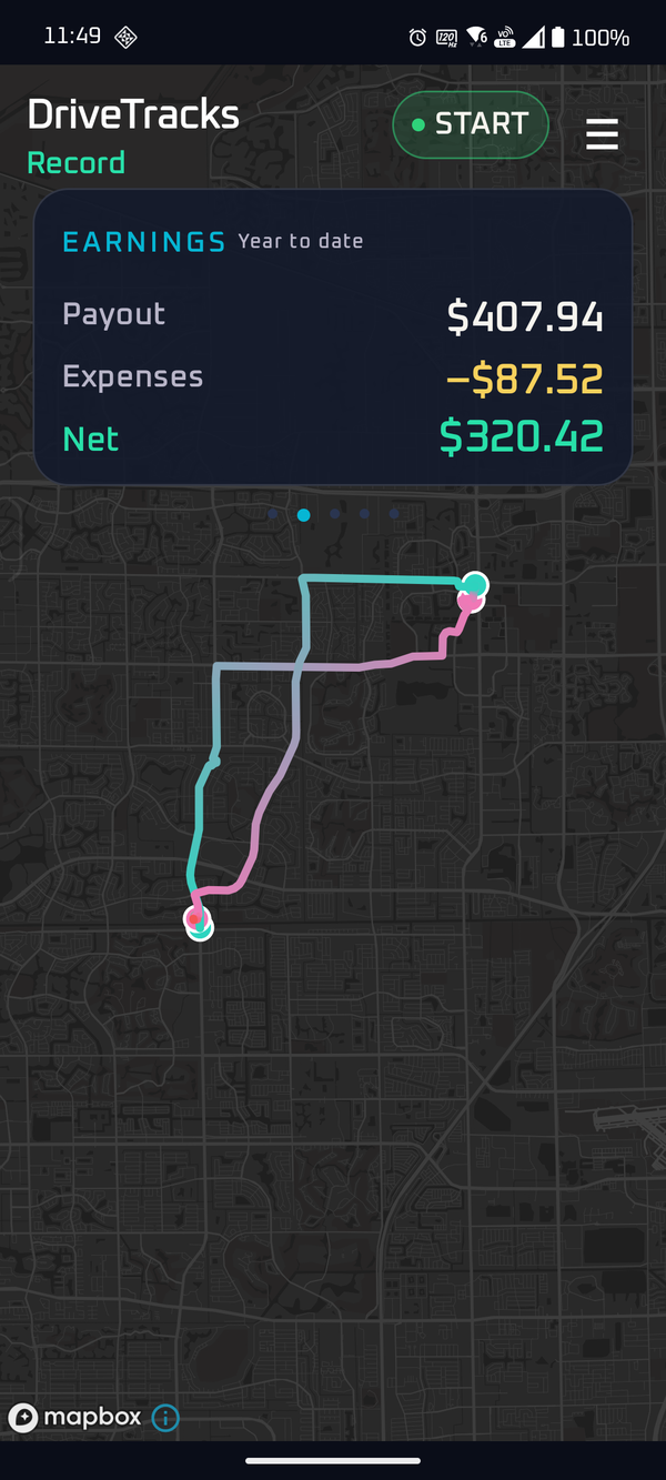 DriveTracks earnings — year-to-date payout minus expenses equals net, shown over the route map.