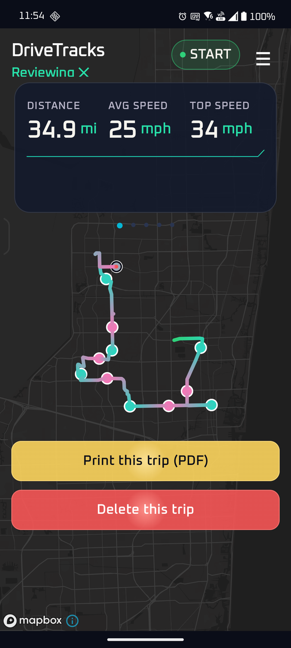 DriveTracks multi-stop delivery day — many pickup and dropoff markers along a solid trail on the Mapbox map.